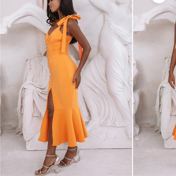 KAMILA TIE STRAP MICRO BUTTON MIDI DRESS IN ORANGE - Picture 4 of 5